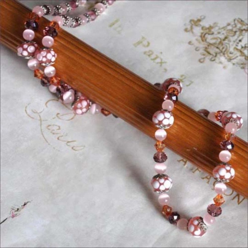 Pink Lampwork Beaded Necklace With Antique Silver Beads & Rose Swarovski Beads